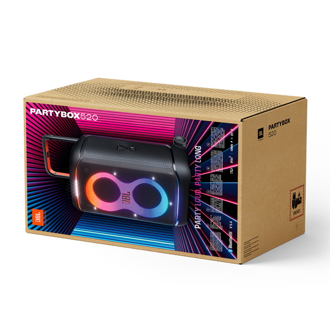 Altavoz JBL Partybox 520 en su caja. Altavoz negro con luces naranja/azul. Caja de cartón con diseño colorido.