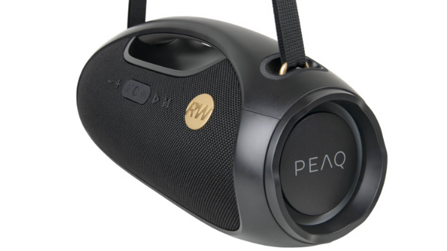 Altavoz portátil negro con asa y correa. El logotipo dorado dice 'RW'. 'PEAQ' está impreso en el lateral.