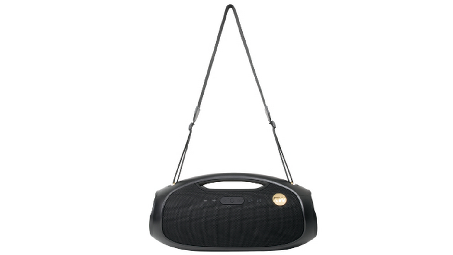 Altavoz portátil negro con correa, visto de frente. Tiene controles y un logotipo dorado. El fondo es blanco.