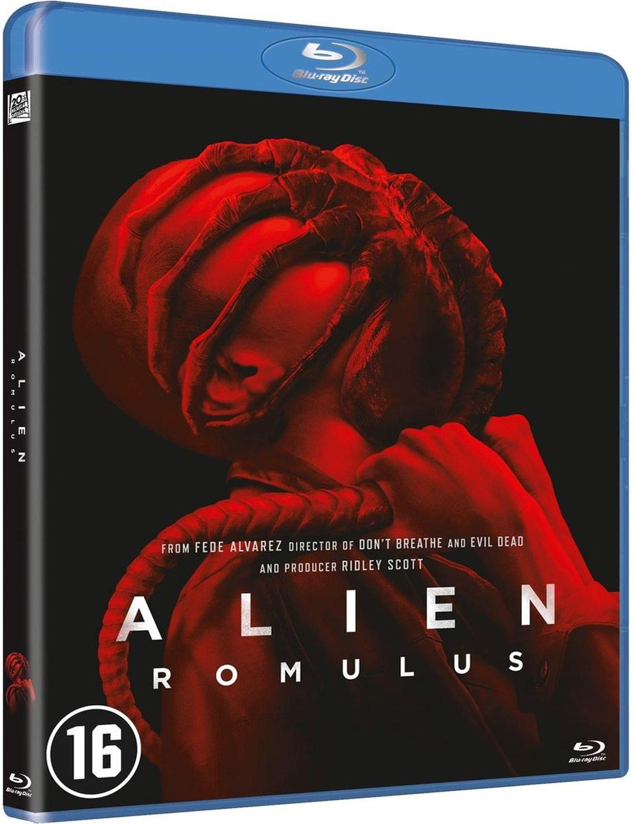 Alien Romulus Blu-ray case. Red creature on black background. Blu-ray logo, age 16 rating. From Fede Alvarez and Ridley Scott.