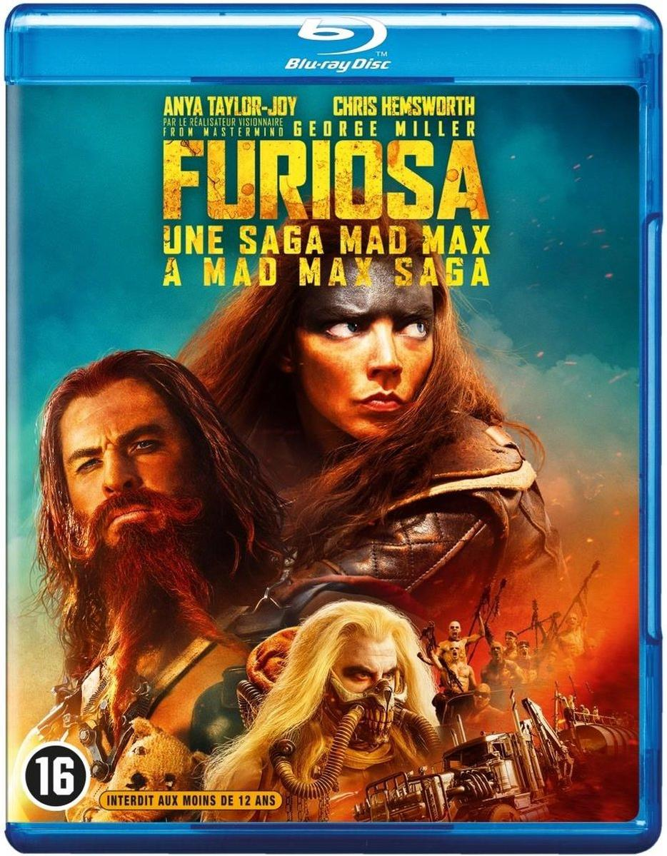 Blu-ray cover for Furiosa film. Features Anya Taylor-Joy, Chris Hemsworth. Bold title 'FURIOSA'. Characters in a post-apocalyptic setting.