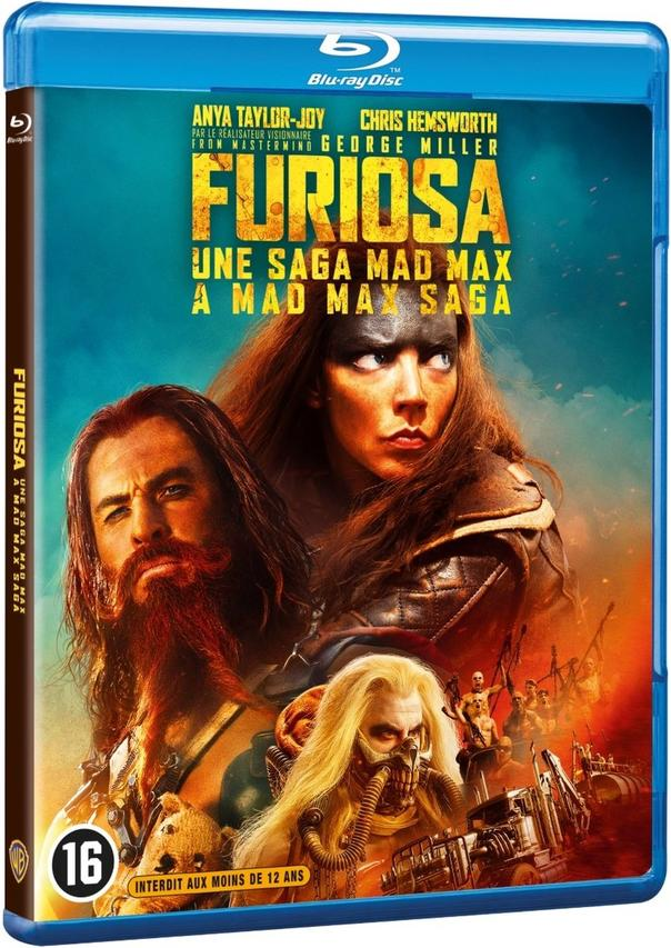 Blu-ray cover of Furiosa movie. Anya Taylor-Joy and Chris Hemsworth are featured. Text includes "Mad Max Saga".