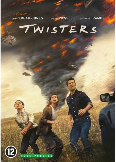 Movie poster for Twisters. Three people look up at a dark tornado. Title is "Twisters" with the actors' names above.
