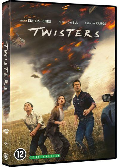 Movie cover of Twisters. Three people look up at a tornado in a field. Helicopters and debris are in the sky.