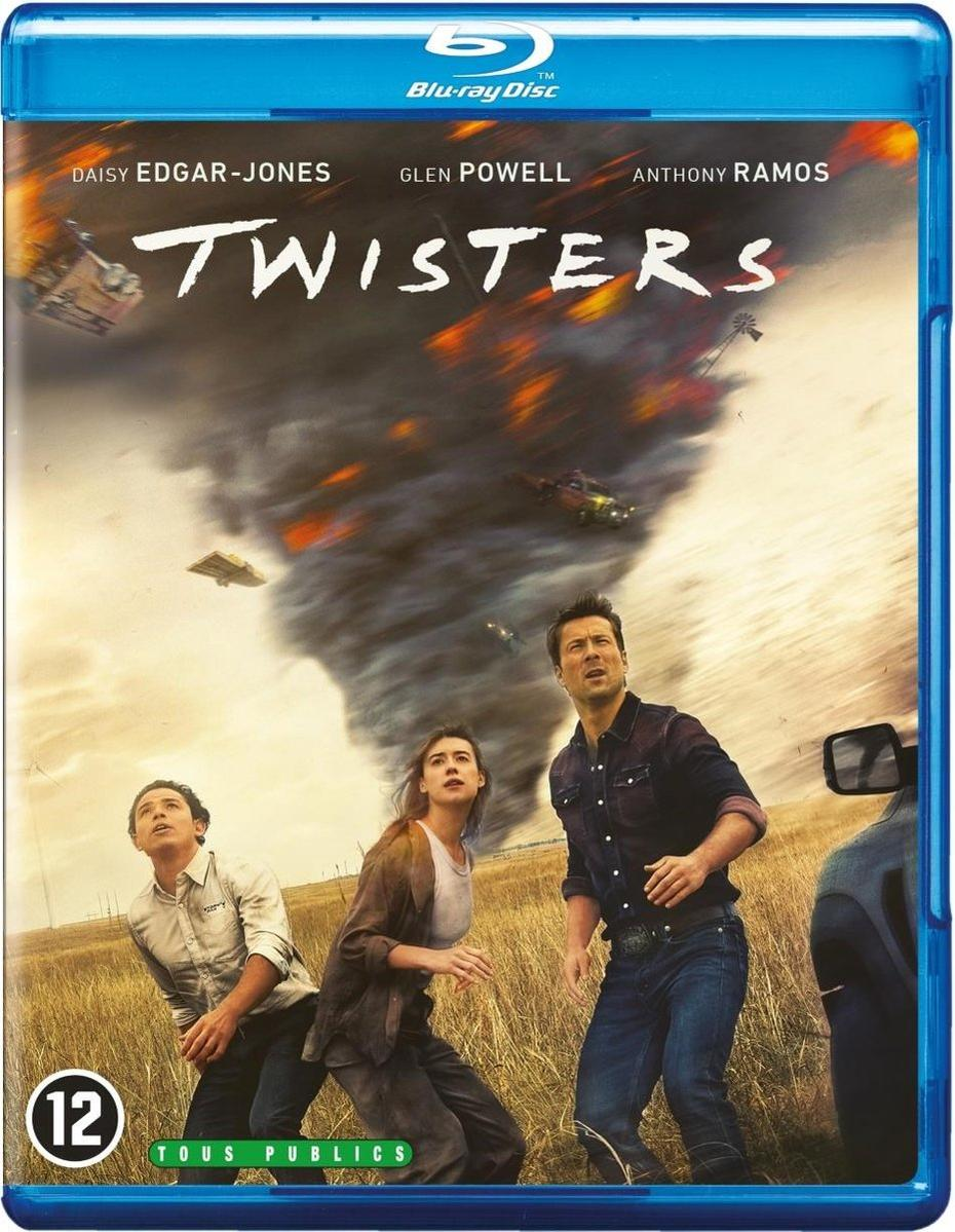 Couverture du film 'Twisters' : acteurs regardant une tornade. Étiquette Blu-ray Disc. Titre 'Twisters'. Classification 12.