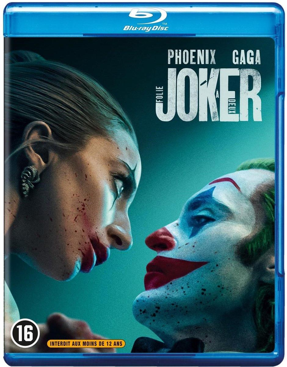 Couverture Blu-ray de 'Joker'. Visages du Joker et d'une femme, tous deux maquillés, se regardent. Texte : Phoenix, Gaga, Joker et classification.