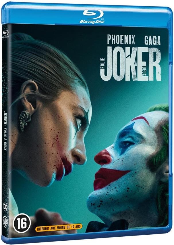 Couverture Blu-ray de 'Joker: Folie à Deux'. Les visages du Joker et d'une femme se font face. Logo Blu-ray Disc en haut.