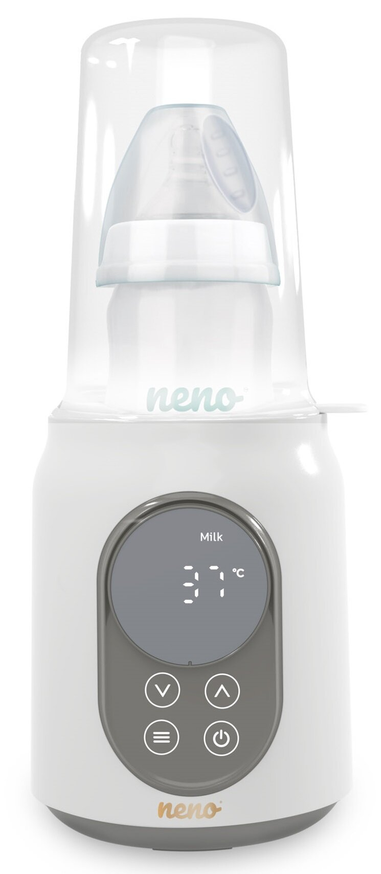 Biała podgrzewaczka do butelek dla niemowląt z cyfrowym wyświetlaczem pokazującym 37°C. Ma butelkę w środku i przezroczystą osłonę. Marka to 'neno'.