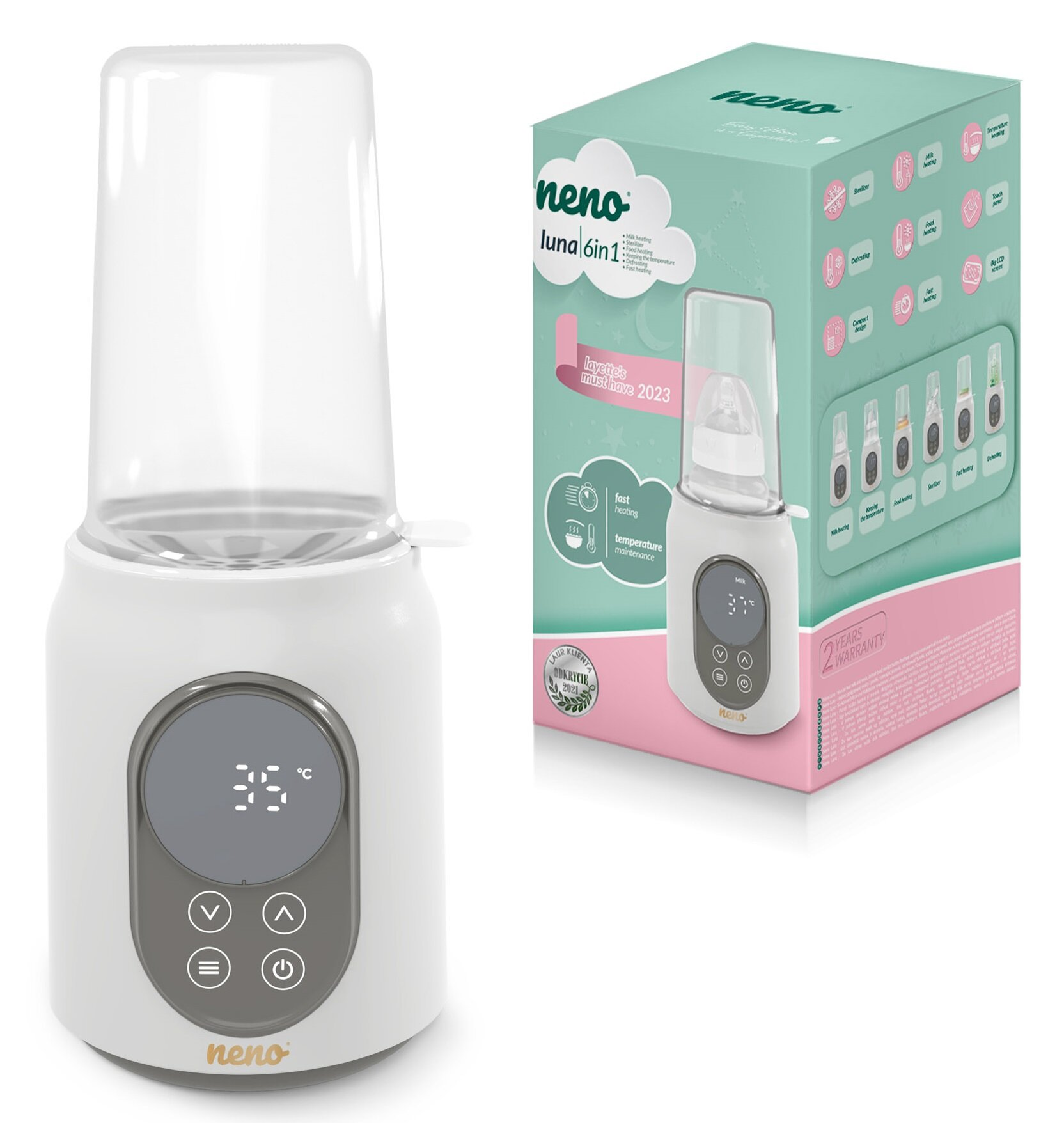 Biały podgrzewacz do butelek dla niemowląt z cyfrowym wyświetlaczem pokazującym 35°C i pudełko tej samej marki w tle.