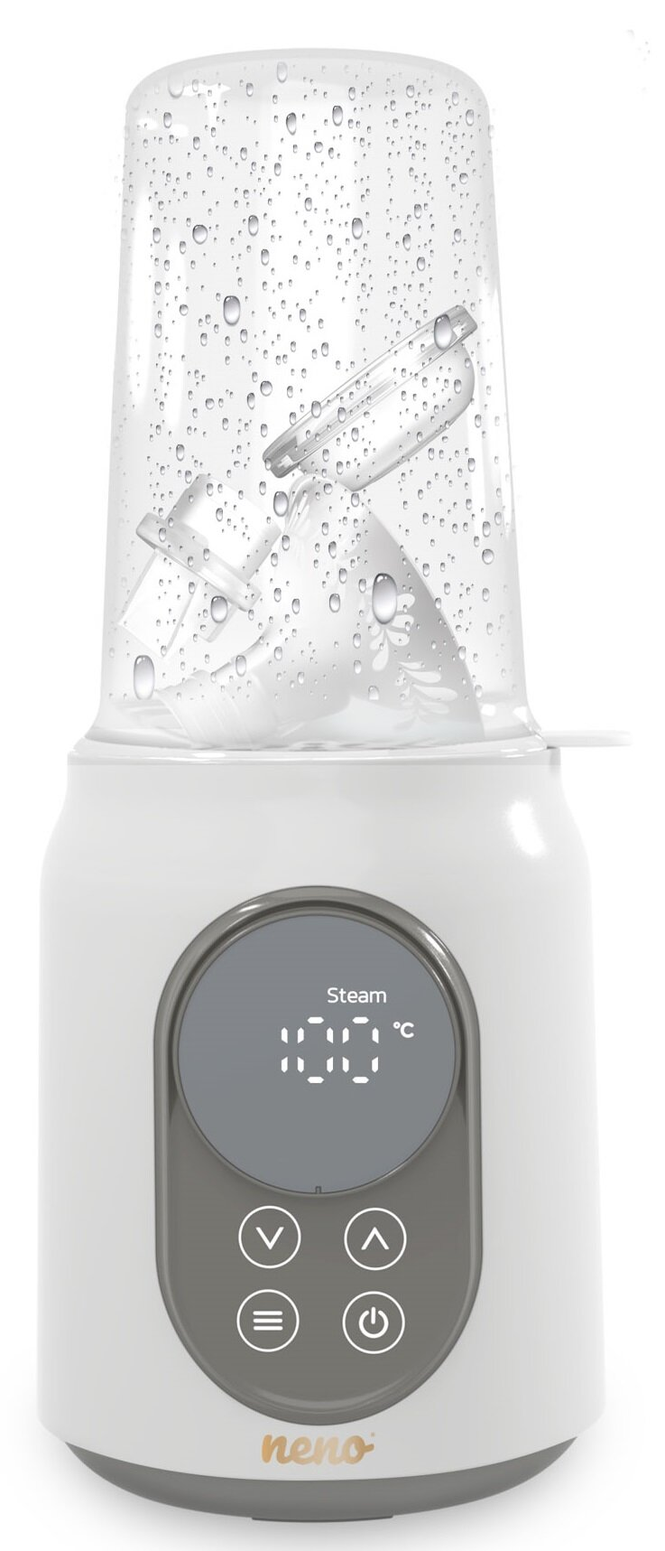 Biały i przezroczysty sterylizator do butelek dla niemowląt z wyświetlaczem LCD pokazującym temperaturę. Ma przyciski i jest oznaczony 'Neno'.