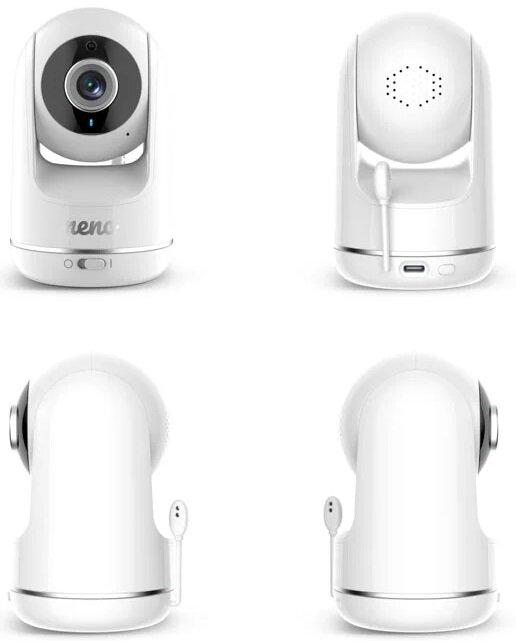 Biały niania elektroniczna z obiektywem, mikrofonem i głośnikiem. Ma zaokrąglony kształt i srebrną podstawę.