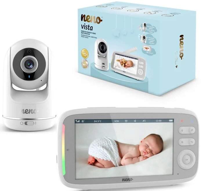 Zestaw monitora dla dziecka. Obejmuje kamerę, wyświetlacz pokazujący śpiące dziecko i pudełko ze szczegółami produktu.
