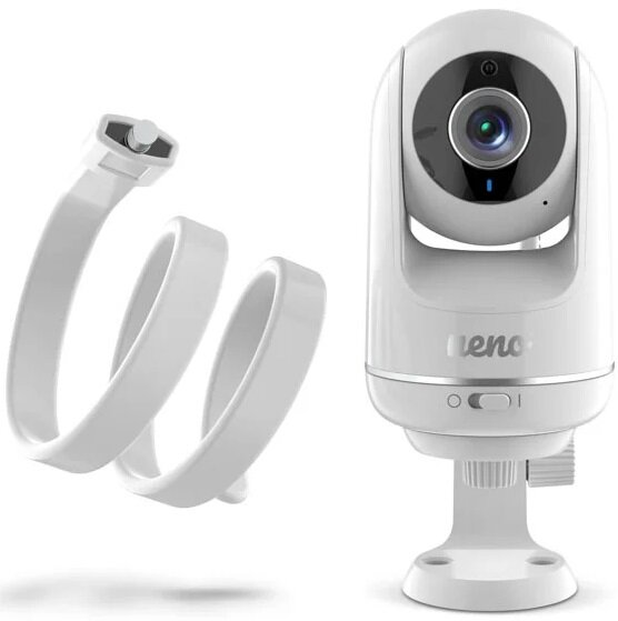 Biały monitor dla dziecka z elastycznym ramieniem. Monitor ma obiektyw kamery i markę 'neno'. Ramię jest zwinięte.