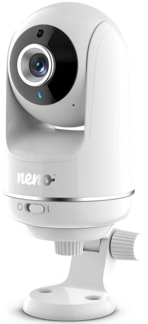 Biały monitor dla dziecka Neno. Ma obiektyw aparatu, przycisk zasilania i podstawę montażową. Kamera jest okrągła.