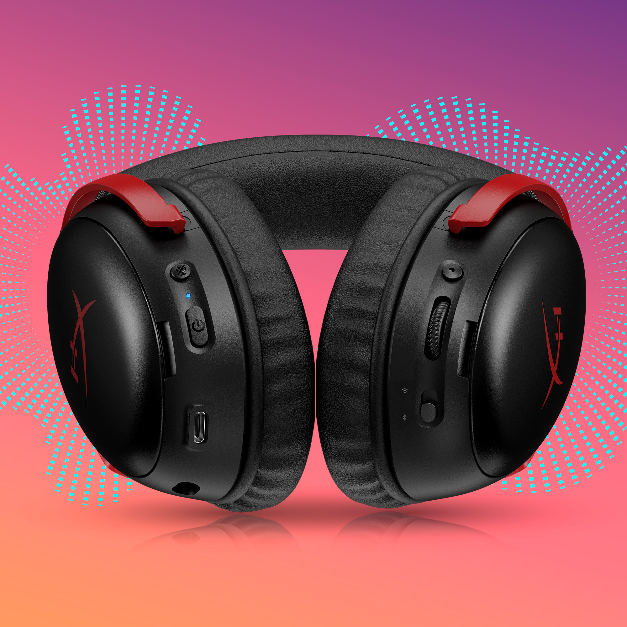Schwarzes HyperX-Gaming-Headset mit roten Akzenten. Auf einem rosa/orangefarbenen Hintergrund mit blauen Rechtecken.