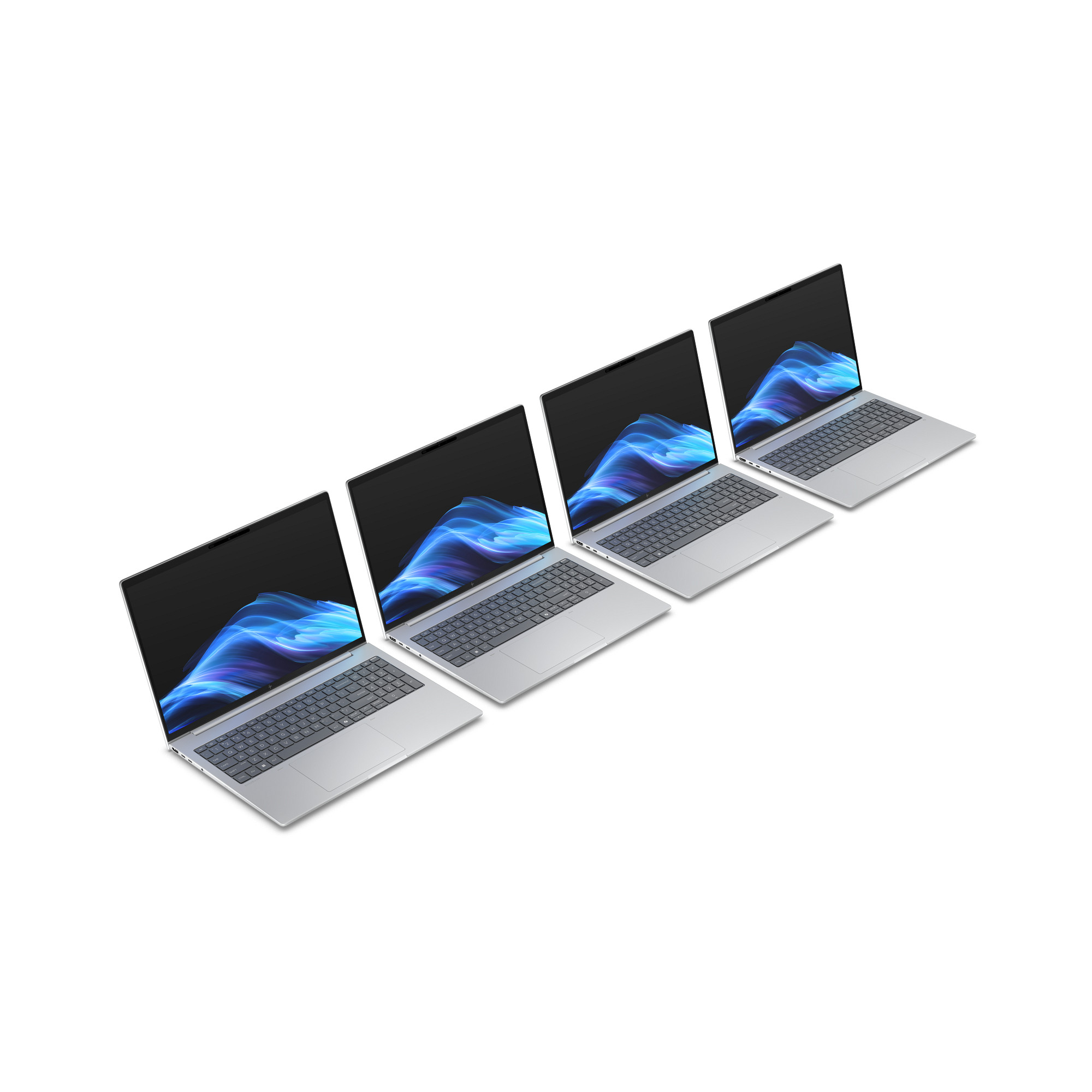 Vier silberne Laptops diagonal auf weißem Grund. Bildschirme zeigen blaue abstrakte Muster. Tastaturen sind sichtbar.