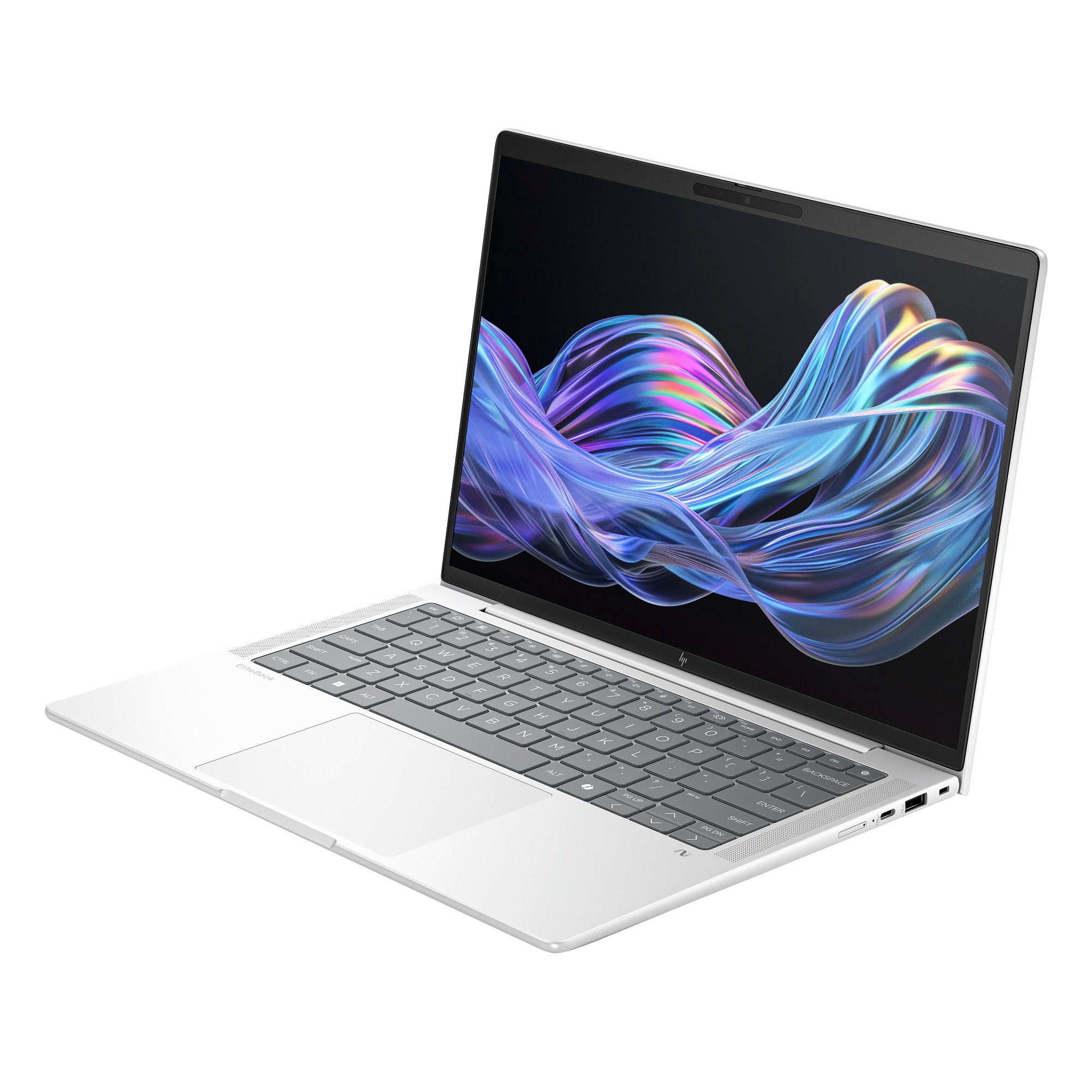 Ein silberner Laptop ist geöffnet und zeigt ein farbenfrohes, abstraktes Bild. Die Tastatur ist sichtbar, mit weißem Hintergrund.