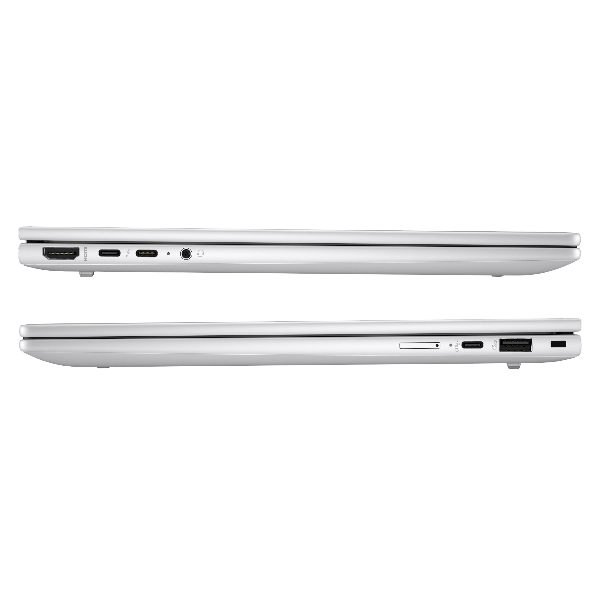 Zwei silberne Laptops, Seitenansichten. Oben: HDMI, USB-C, Thunderbolt, Audio. Unten: SD, USB-C, USB-A.