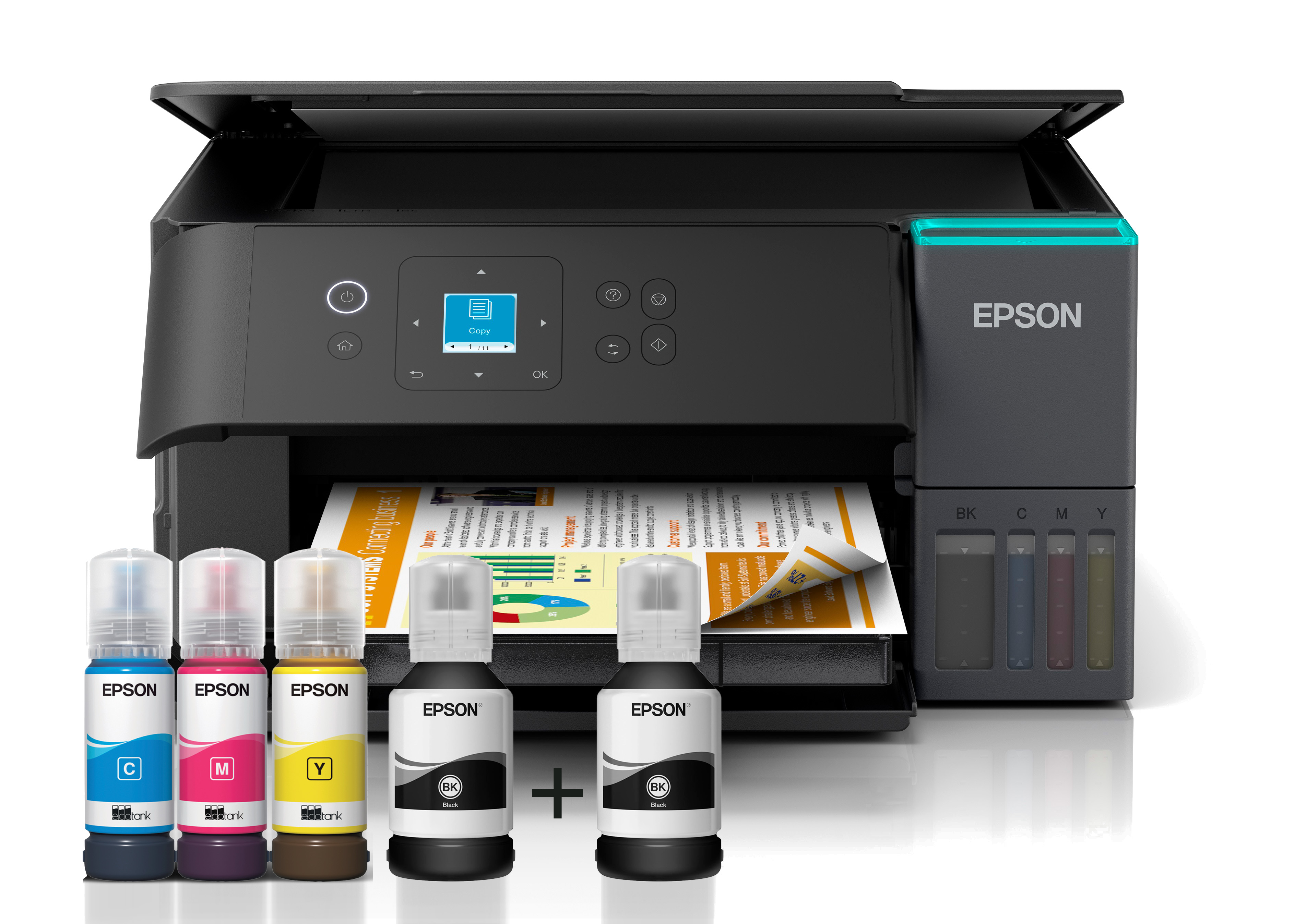 Siyah Epson yazıcı, mürekkep şişeleri ve basılı belge. Mürekkep renkleri: camgöbeği, eflatun, sarı ve siyah.