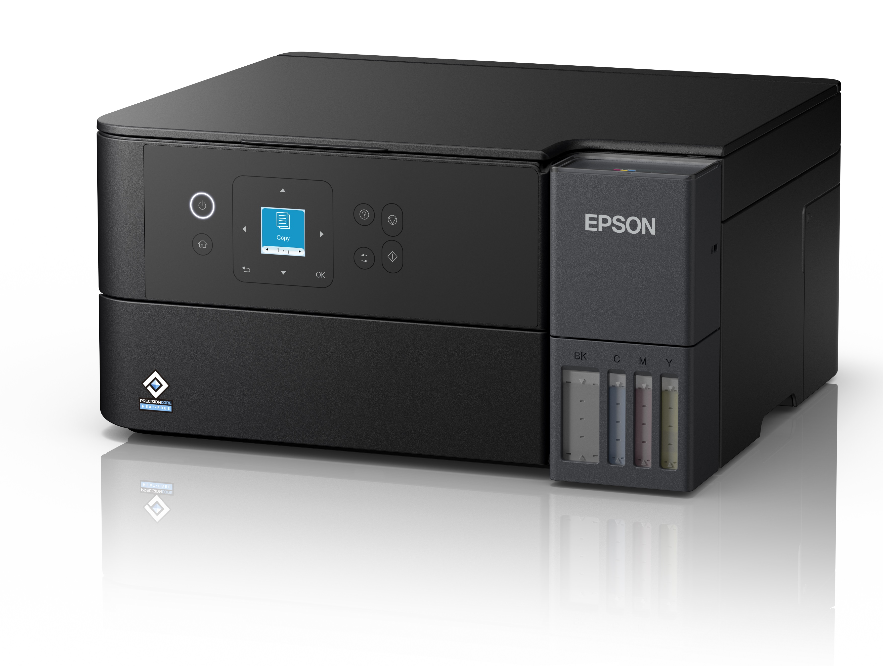 Siyah Epson yazıcı. Ekranı, düğmeleri ve mürekkep tankları var. PrecisionCore logosu görülebilir.