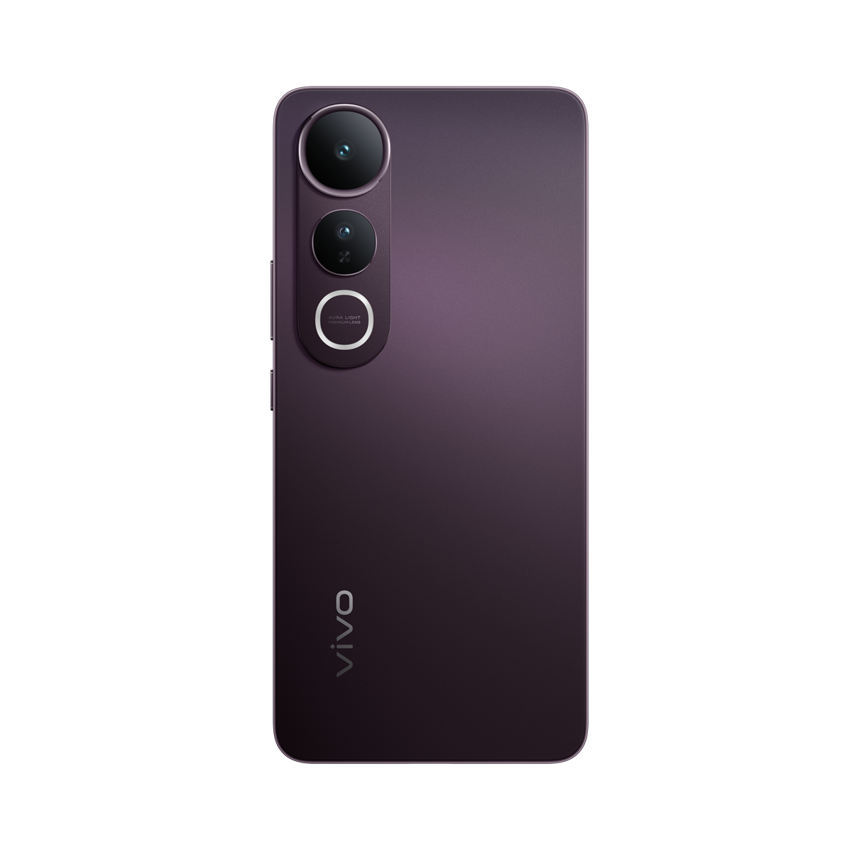Mor Vivo akıllı telefonun arkası. Üç kamera ve Aura Light özellikli. Alt kısımda Vivo logosu.