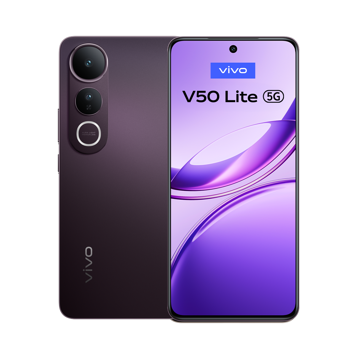 Koyu mor bir Vivo V50 Lite 5G akıllı telefon. Üçlü kamera sistemine ve grafikler gösteren mor bir ekrana sahip.