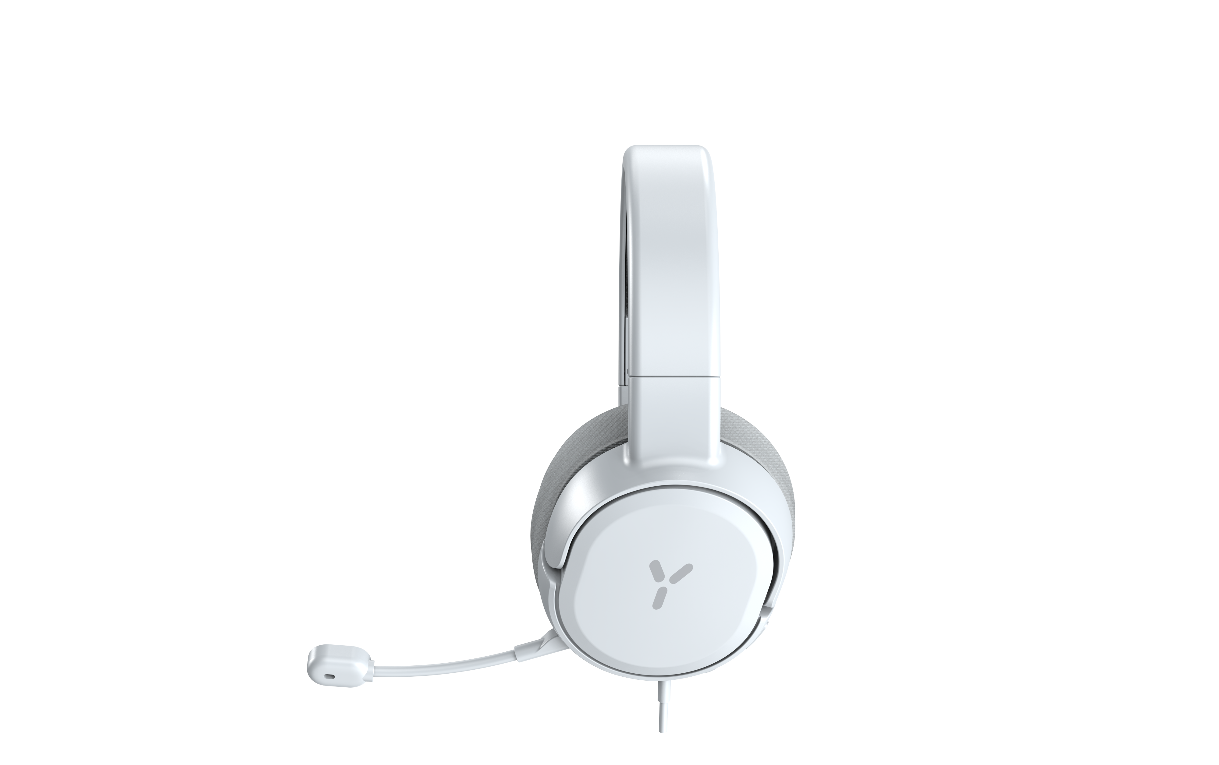 Weißes Headset mit Mikrofon auf schwarzem Hintergrund. Auf dem Ohrhörer befindet sich ein Logo.