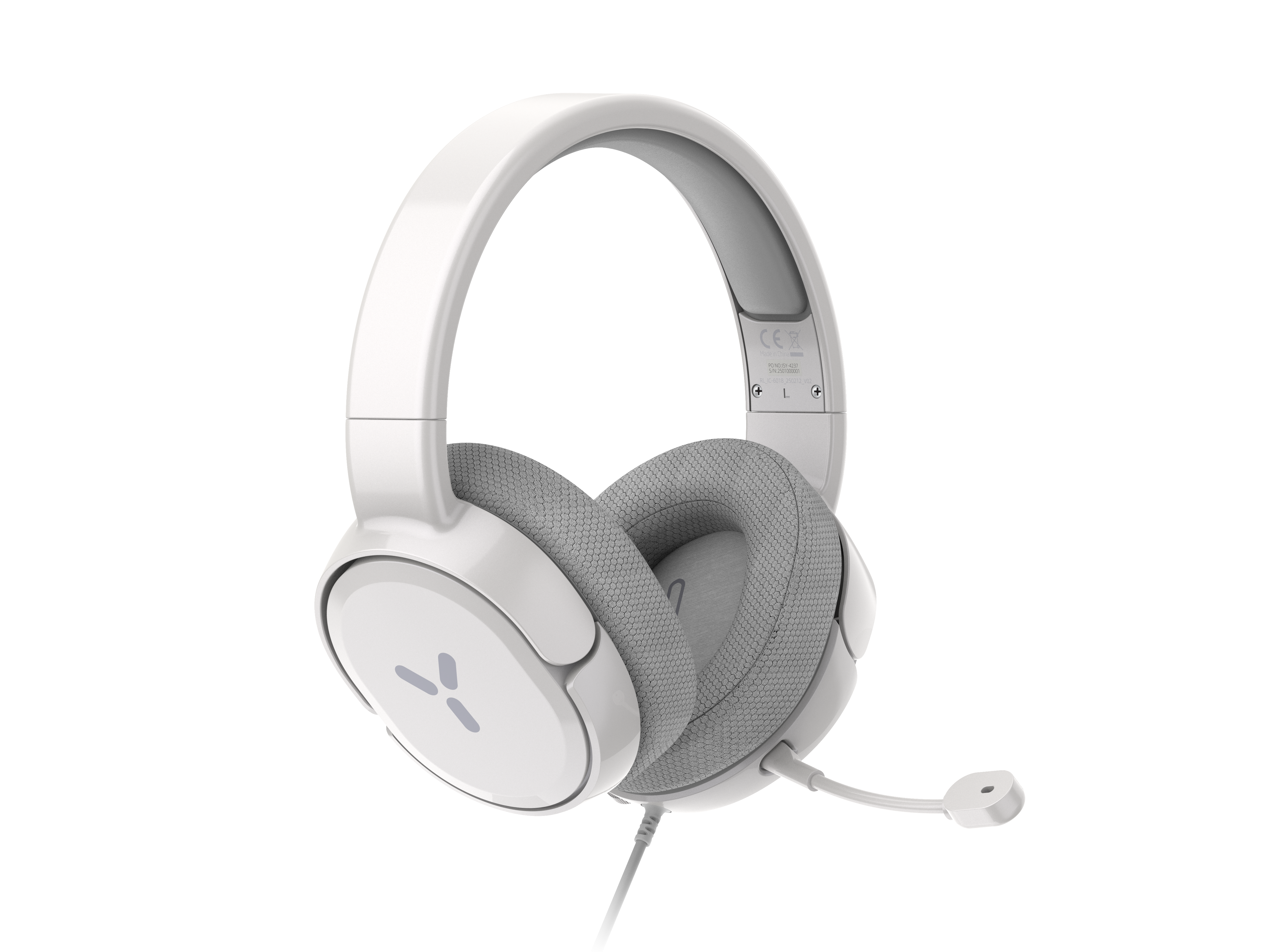 Weißes Gaming-Headset auf schwarzem Hintergrund. Graue Ohrmuscheln mit weißem Rahmen und Mikrofon rechts.