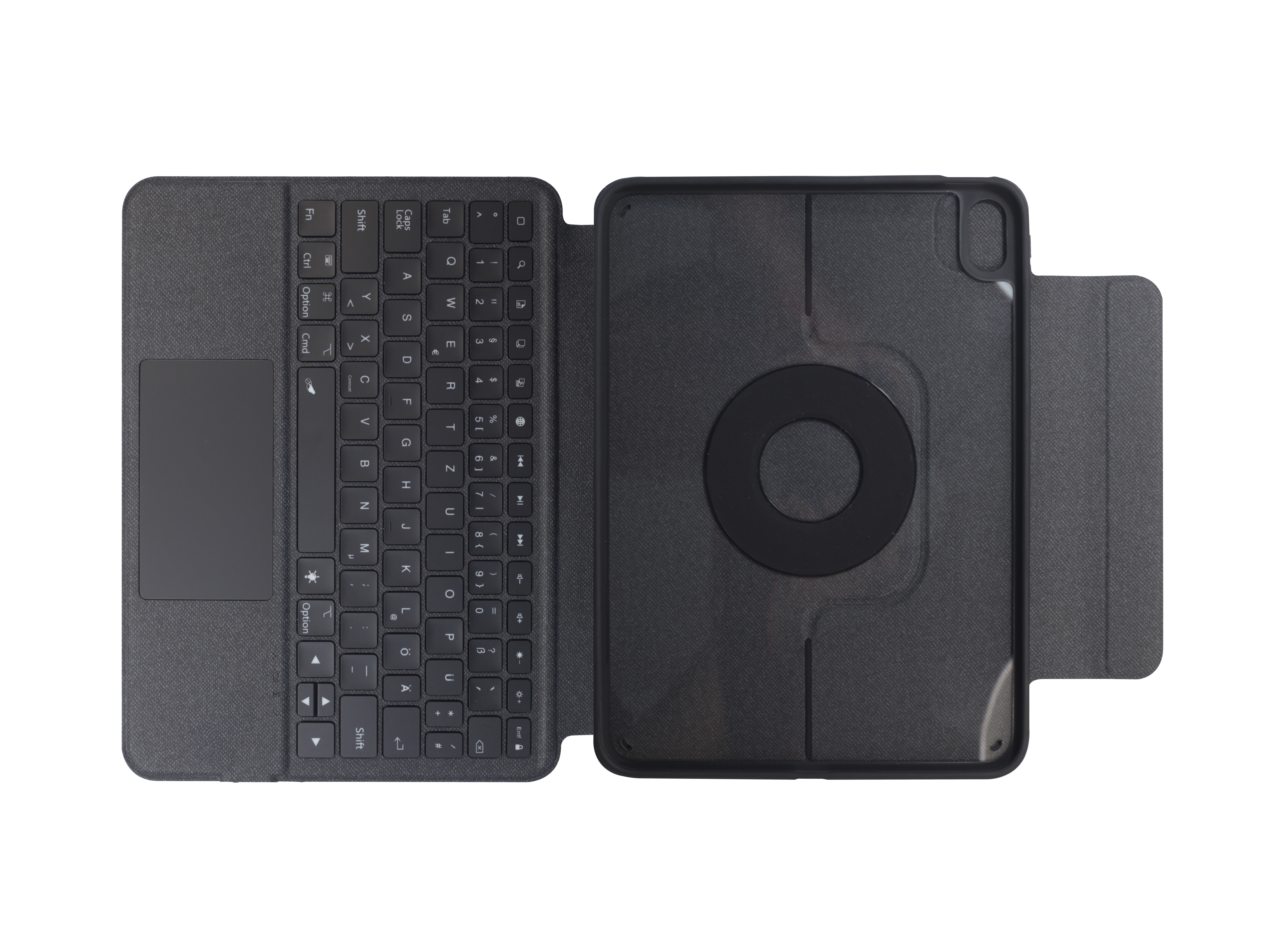 Eine schwarze Tablet-Tastaturhülle, offen, auf weißem Hintergrund. Enthält ein Touchpad und Tasten.