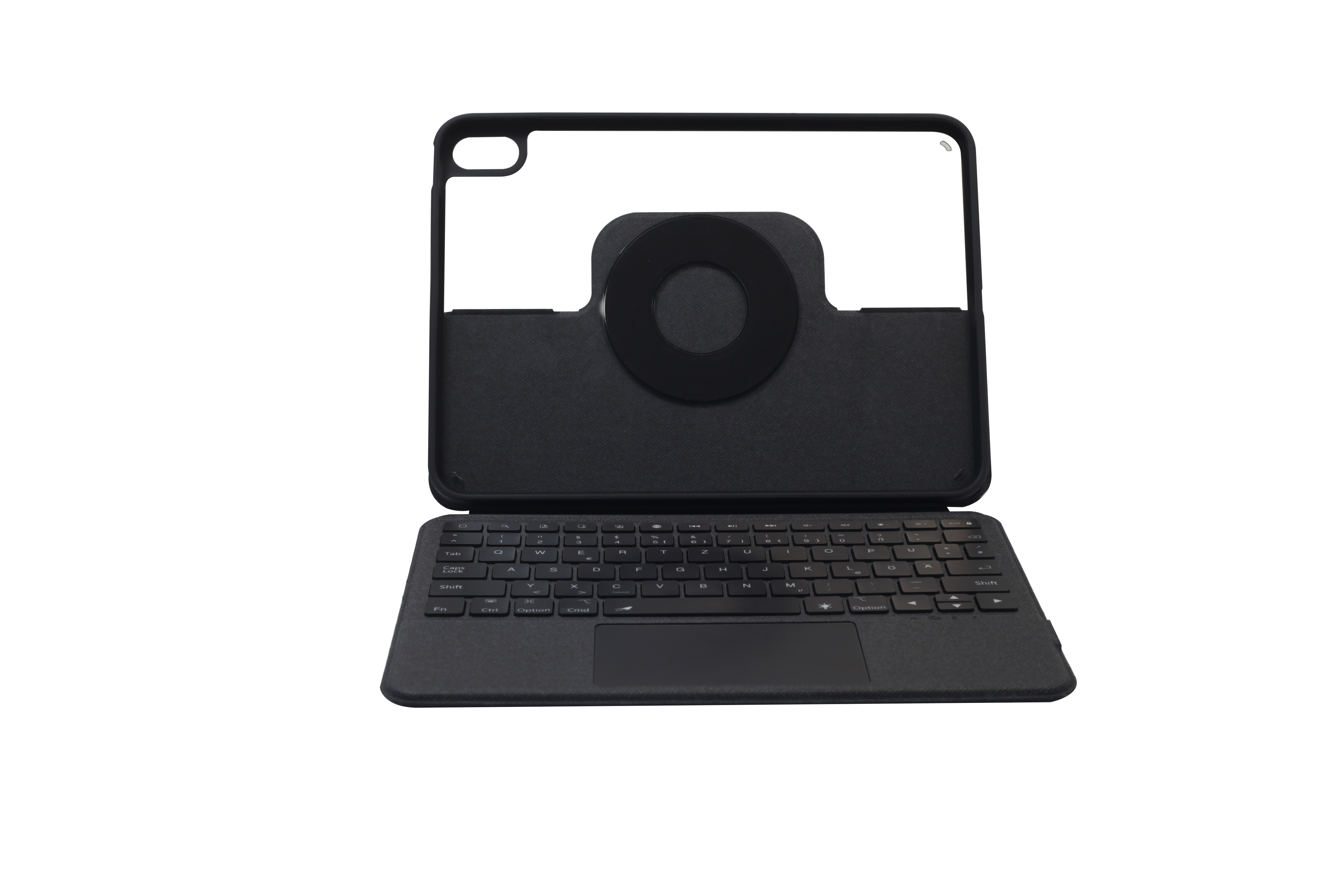 Schwarze Tablet-Tastaturhülle. Offen, mit sichtbarer Tastatur und kreisförmiger Kameraaussparung. Weißer Hintergrund.