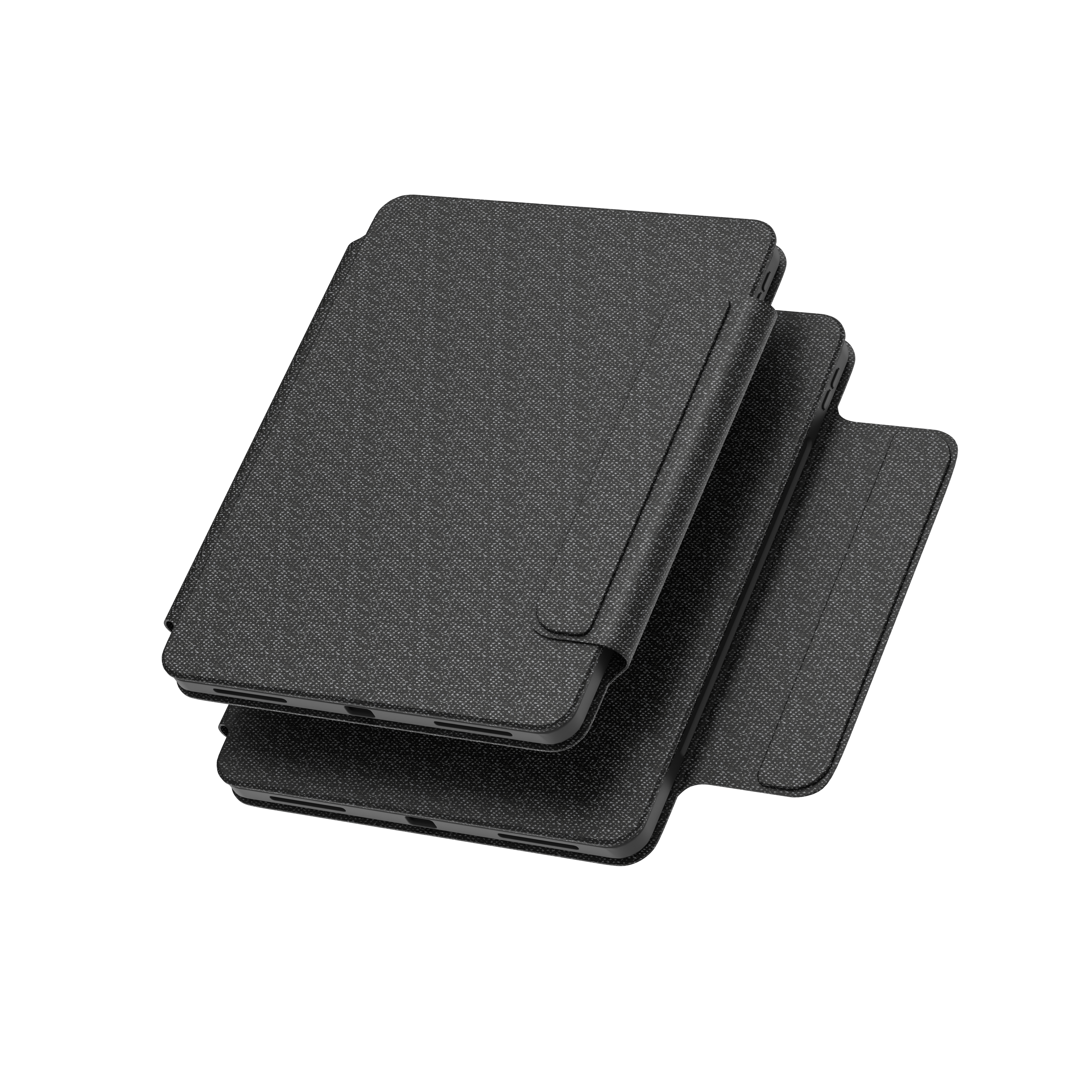 Nahaufnahme von zwei dunkelgrauen Tablet-Hüllen, eine teilweise geöffnet, vor weißem Hintergrund.