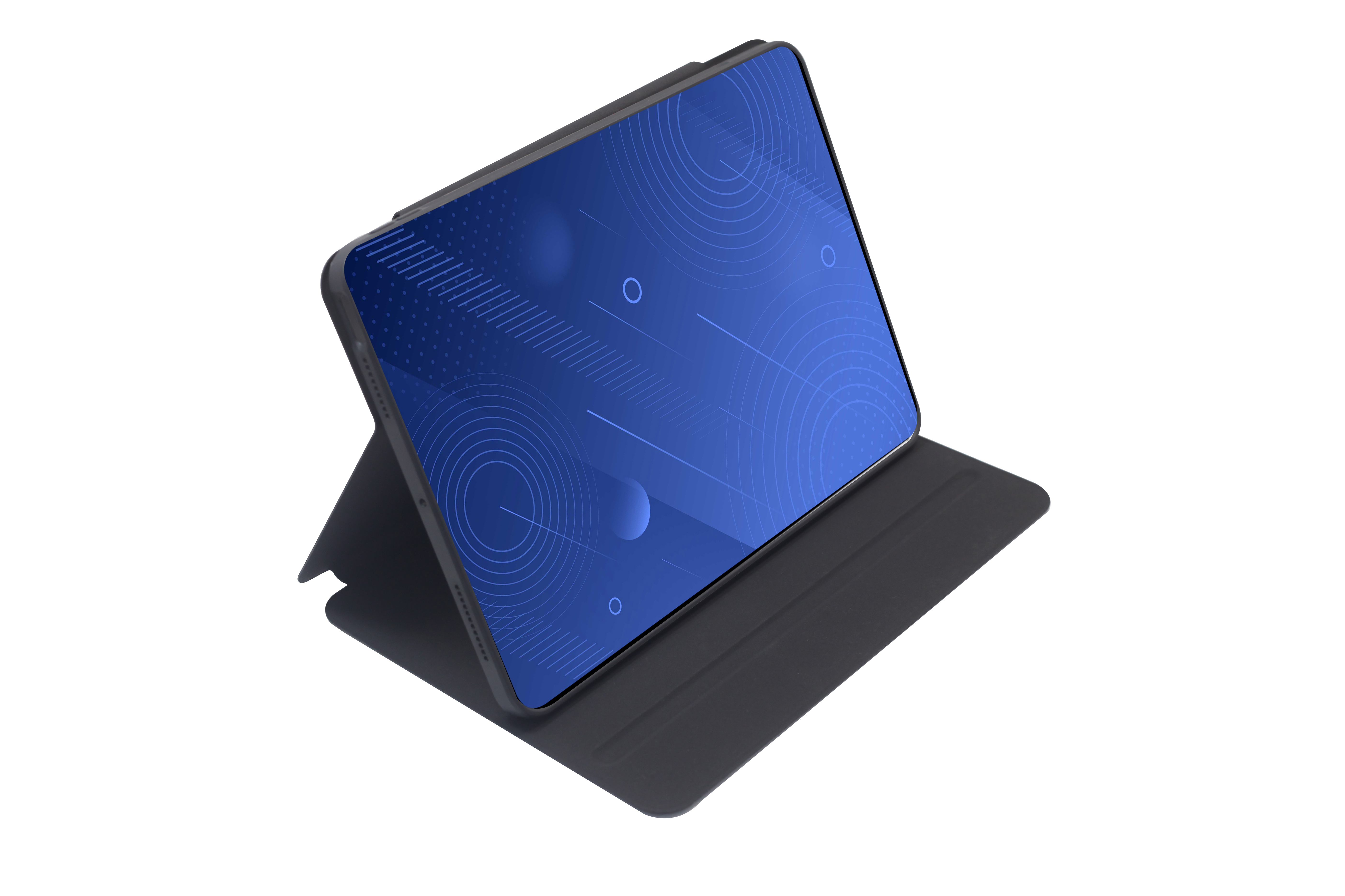 Tablet mit blauem Bildschirm, der geometrische Formen zeigt, in einer schwarzen Hülle, auf weißem Hintergrund.