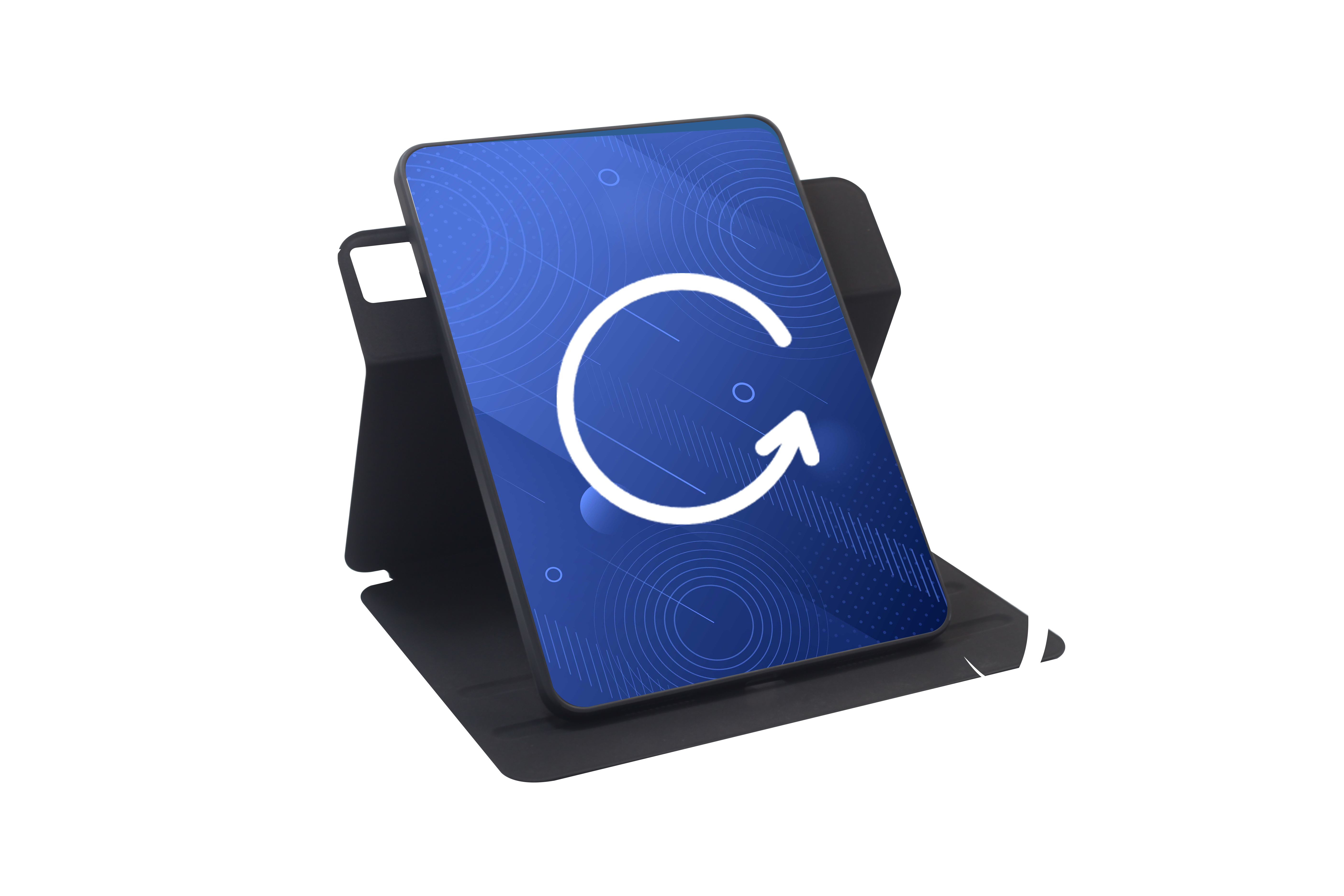 Tablet in einem Gehäuse mit sich drehenden Pfeilen. Tablet hat einen blauen Bildschirm mit weißem Pfeil und Design. Schwarzer Hintergrund.