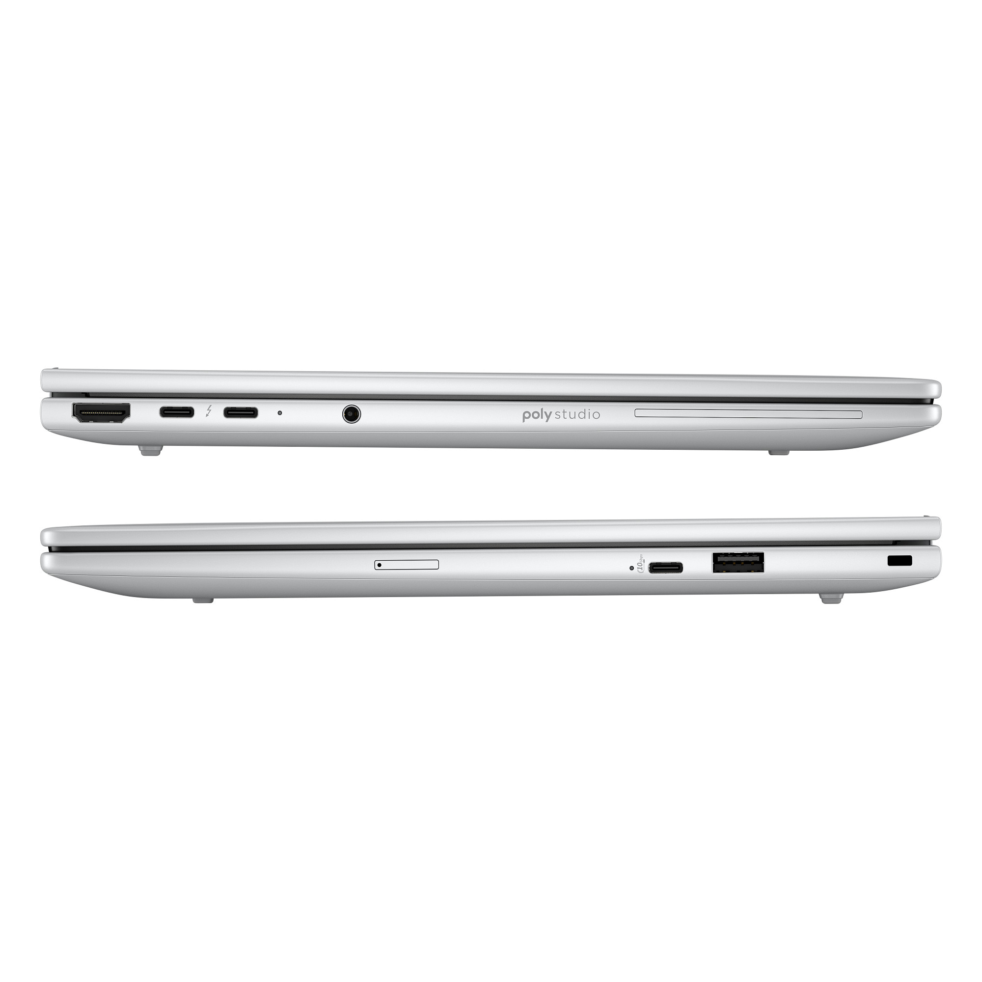 Silberner Laptop von der Seite. Oben: Anschlüsse, Audioanschluss und Poly Studio. Unten: SD-Kartensteckplatz, USB-C und weitere Anschlüsse.