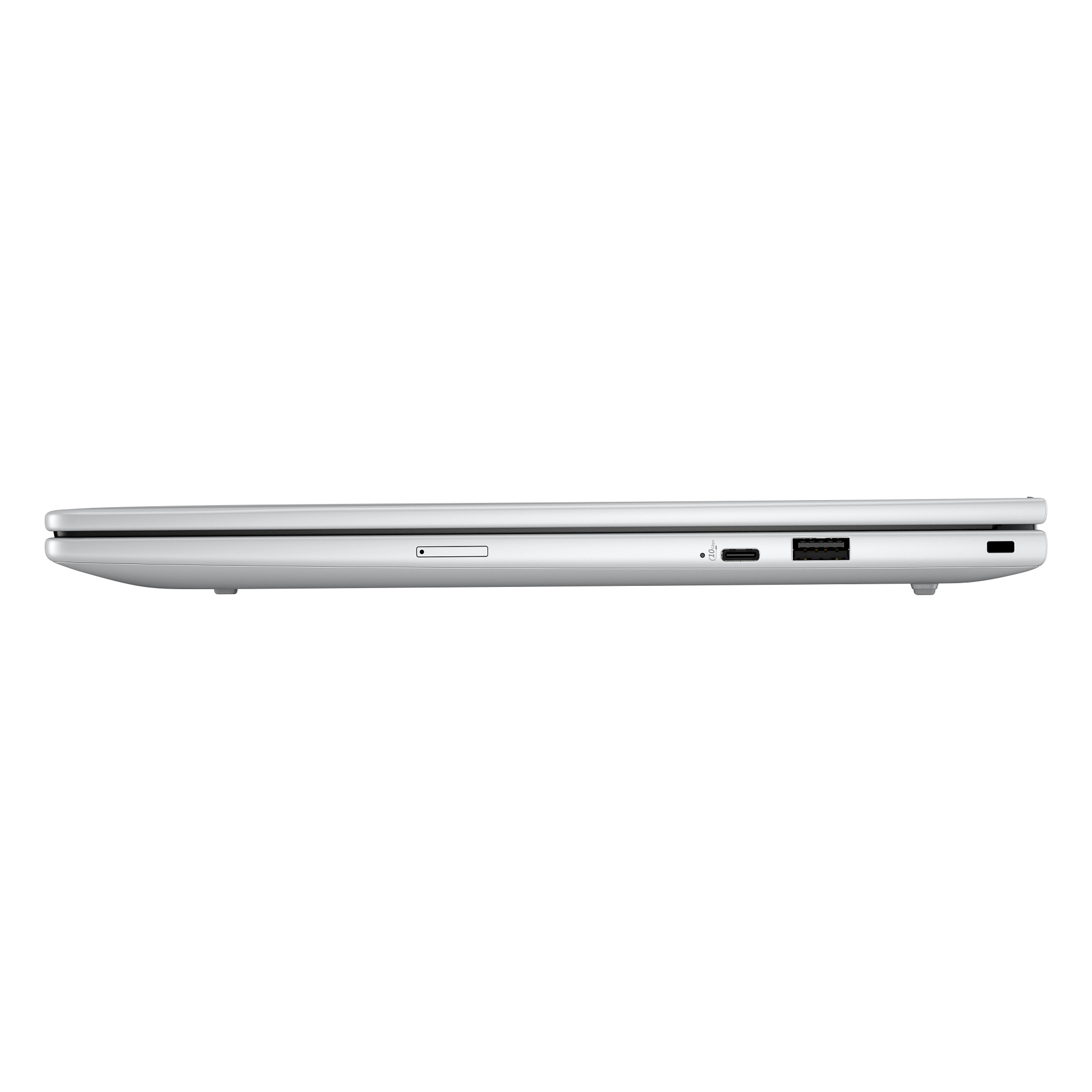 Seitenansicht eines silbernen Laptops mit Anschlüssen, Kartensteckplatz und glattem, geschlossenem Design.
