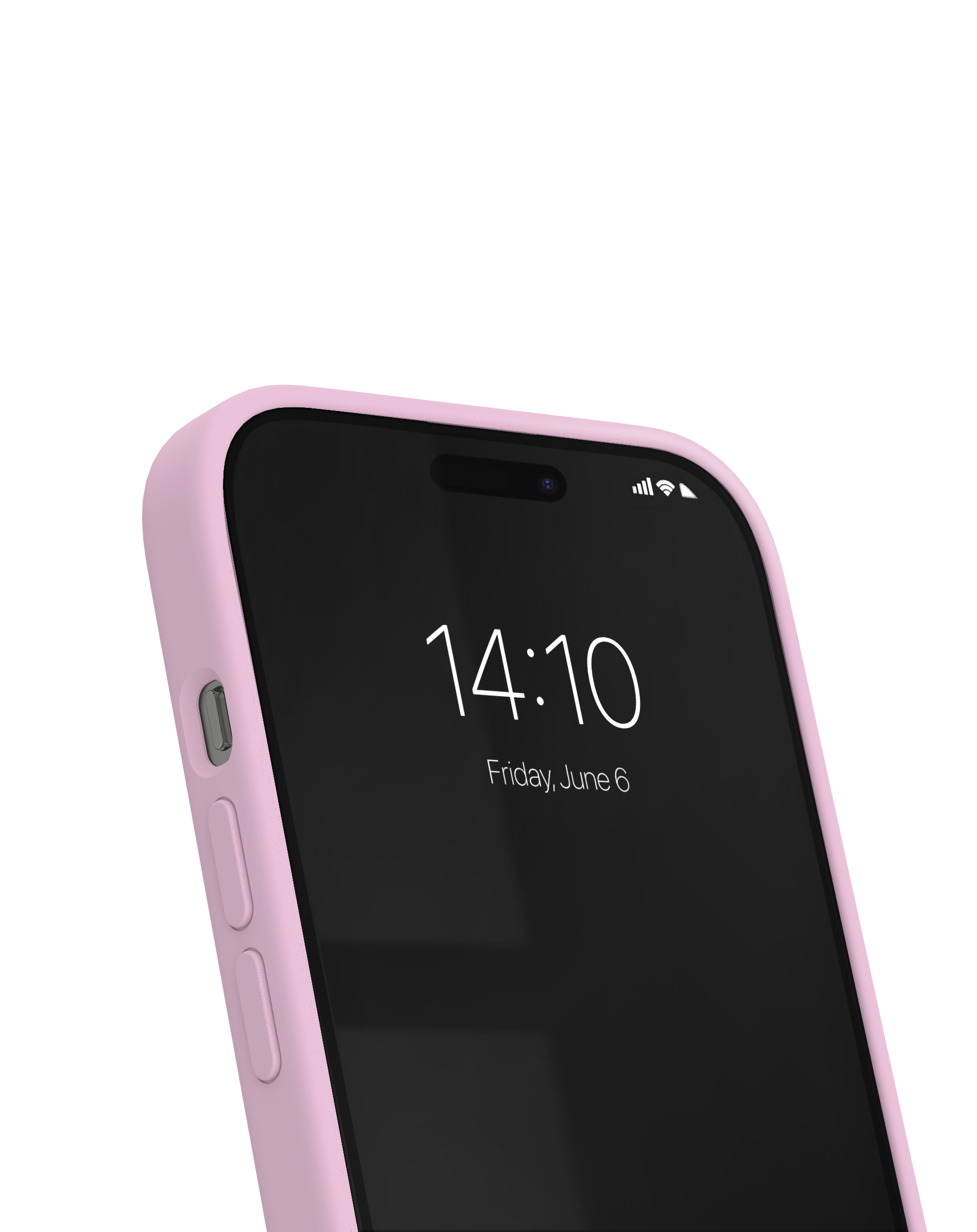 Nahaufnahme eines rosa Telefons in einer Hülle, das die Uhrzeit 14:10 auf dem schwarzen Bildschirm zeigt. Weißer Hintergrund.