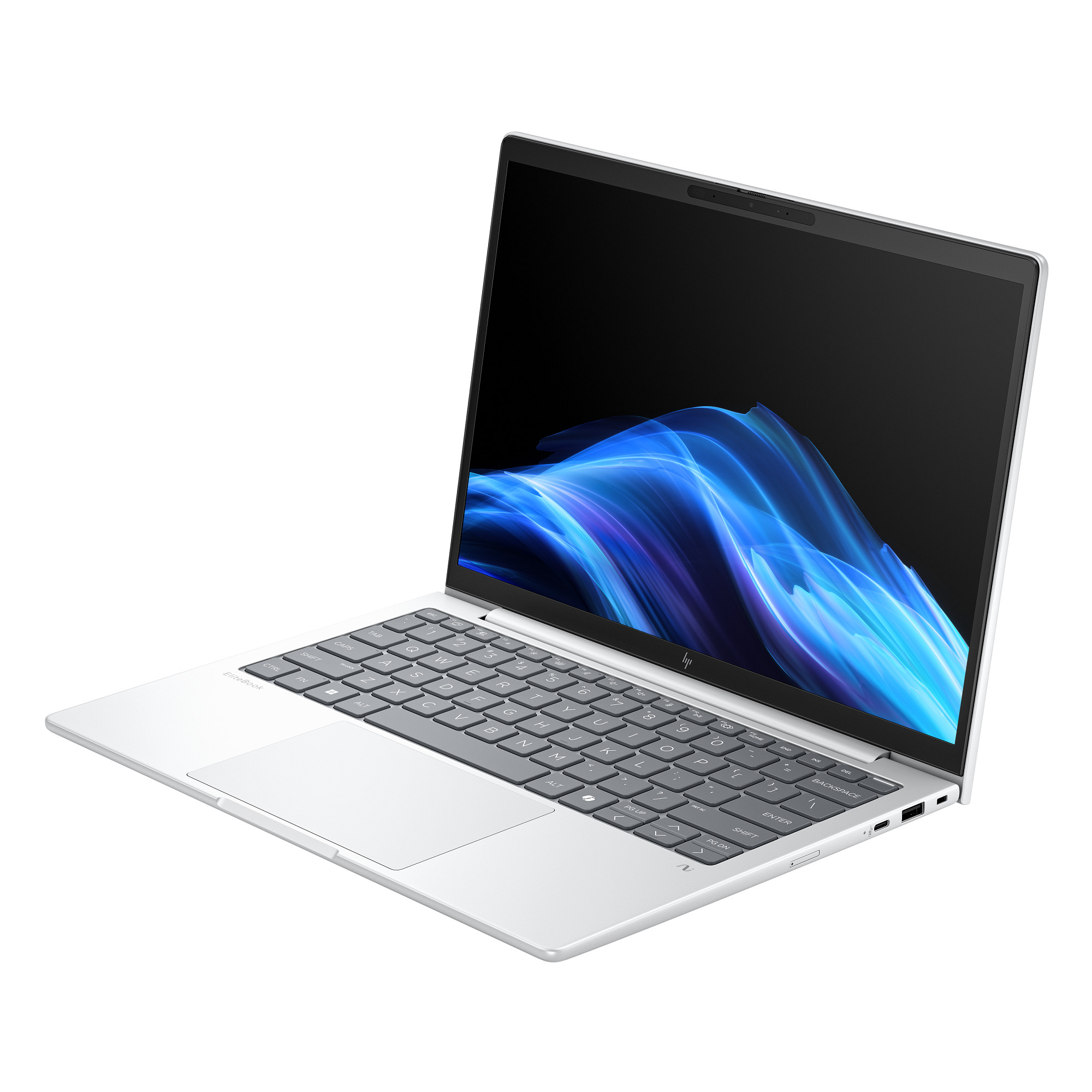 Silberner Laptop offen auf weißem Hintergrund. Bildschirm zeigt blaue Wellen. Tastatur sichtbar. HP-Logo.