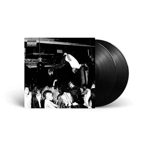 Albumcover zeigt einen Mann in der Luft über einer Menge, neben zwei schwarzen Schallplatten.