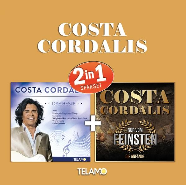 CD-Cover für Costa Cordalis-Musik, mit zwei Album-Designs, eines mit Foto, das andere mit Goldtext.