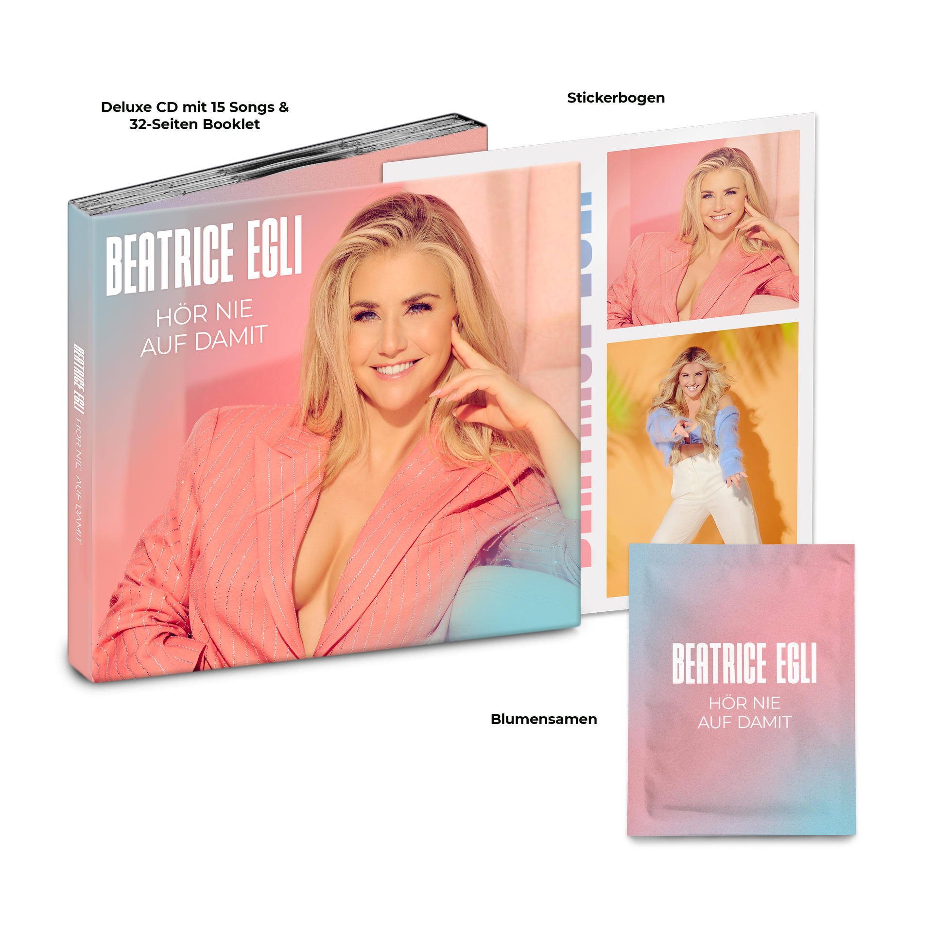 Beatrice Egli Album, Deluxe-CD, Aufkleber und Samen. Cover zeigt Egli im rosa Blazer. Andere Bilder zeigen sie.