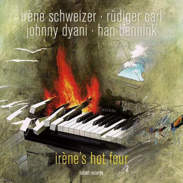 Albumcover: Eine brennende Klaviatur. Oben Namen der Musiker. Titel: Irènes Hot Four. Im Hintergrund ein Klavier und andere Illustrationen.