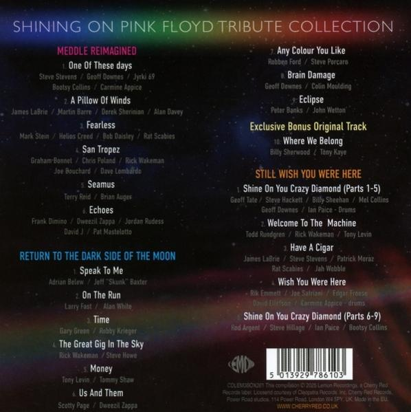 CD-Cover von "Shining on Pink Floyd Tribute Collection" mit Songtiteln und Künstlercredits. Der Hintergrund ist dunkelblau.
