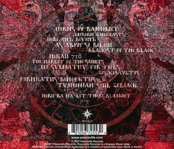 Roter Album-Cover mit kunstvollem Design, Text mit Songtiteln und Barcode. Enthält vogelartige Figuren und ein Sternsymbol.