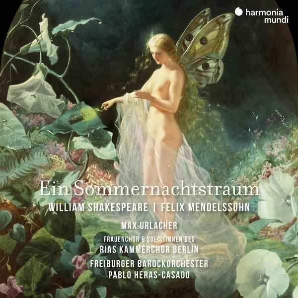 Kunstwerk: Eine nackte Frau mit Schmetterlingsflügeln in einem Garten. Text: "Ein Sommernachtstraum" und Namen von Shakespeare, Mendelssohn und Interpreten.