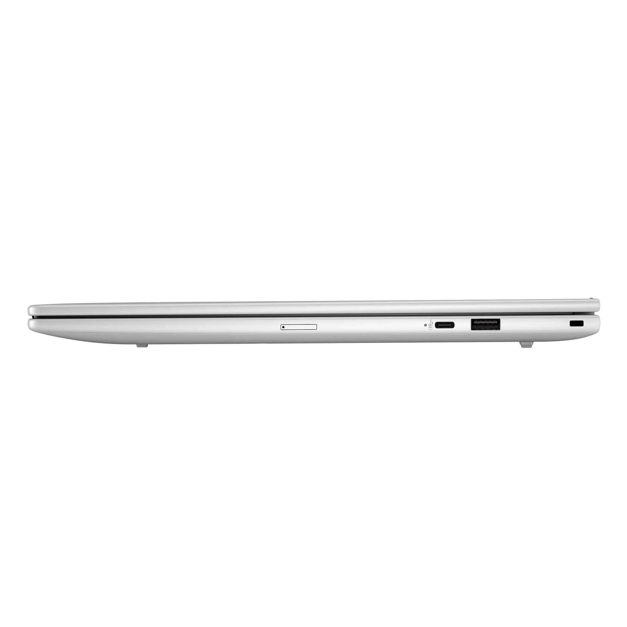 Silberner Laptop-Seitenansicht. Sichtbare Anschlüsse: USB, SD-Kartensteckplatz und Stromeingang. Weißer Hintergrund.