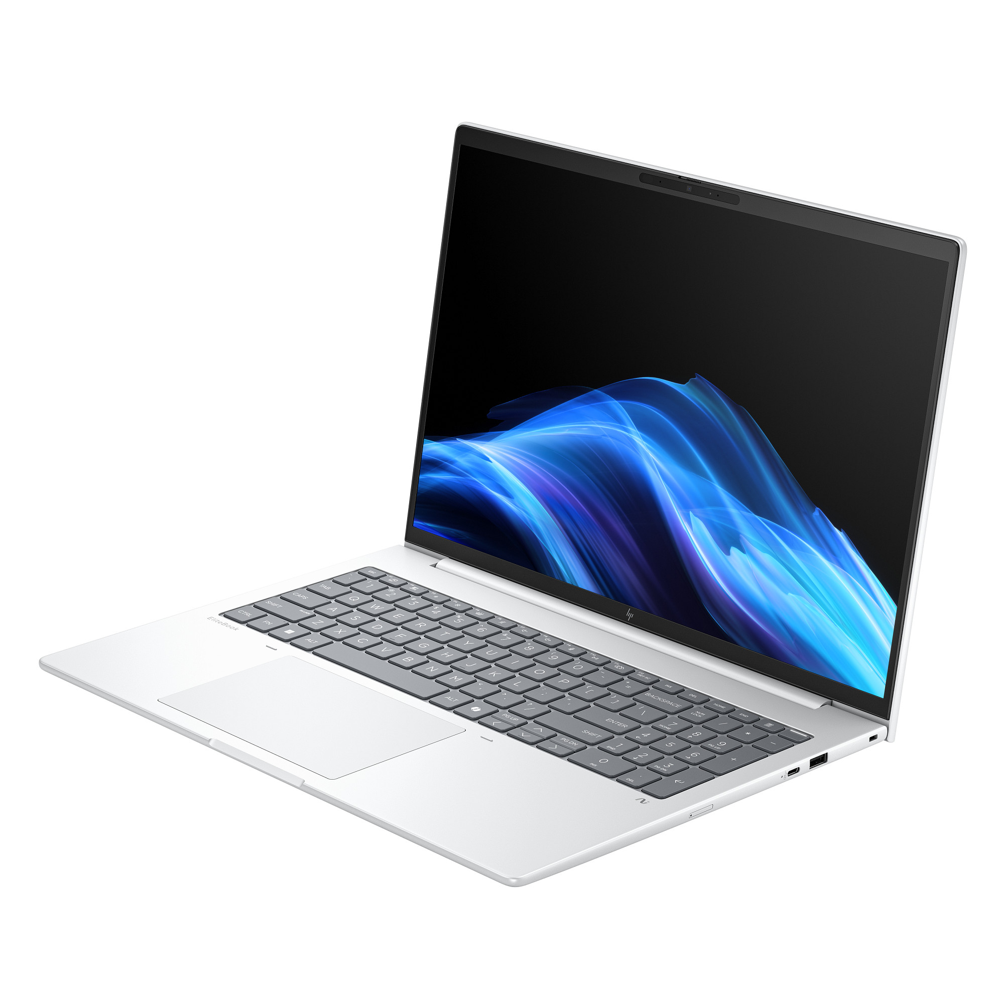 Silberner Laptop offen, Bildschirm zeigt blaues und lilafarbenes abstraktes Design, Tastatur sichtbar, weißer Hintergrund.