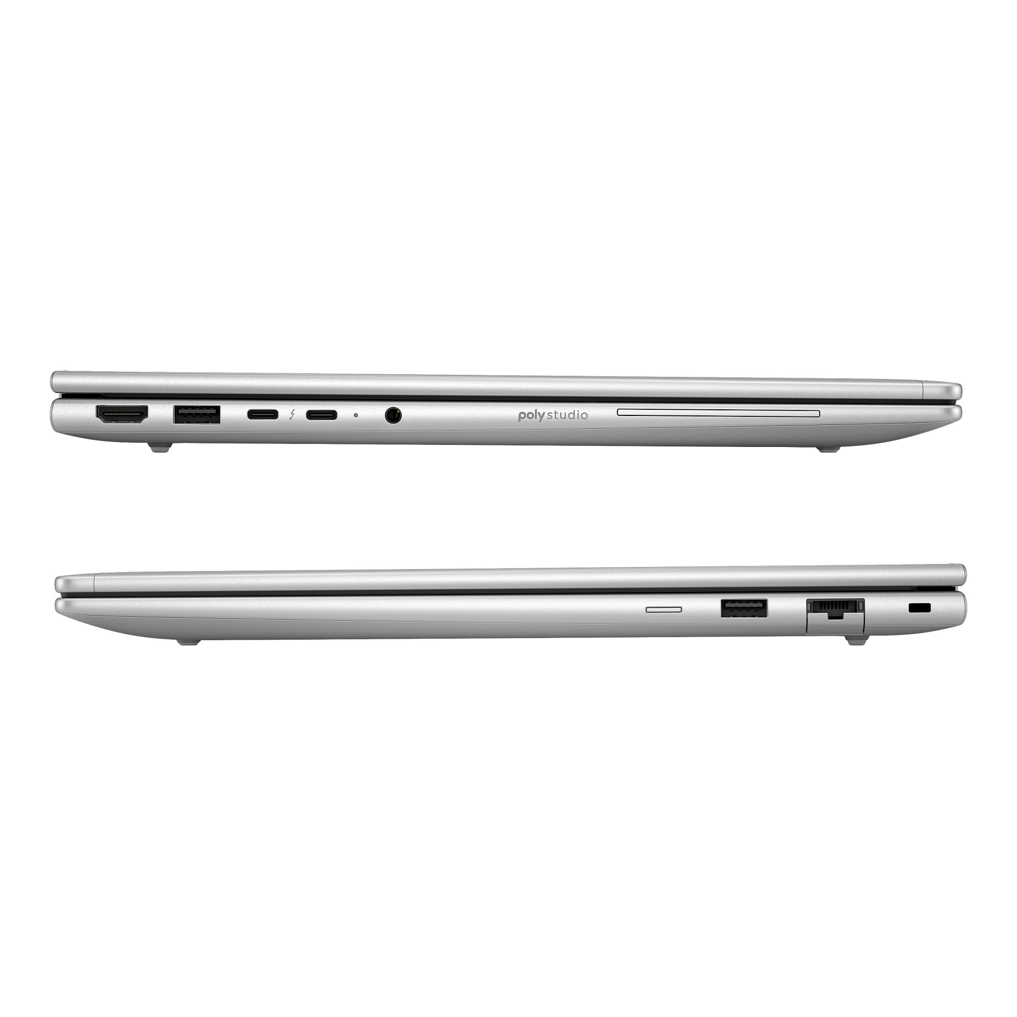 Zwei silberne Laptops nebeneinander. Anschlüsse und das Poly Studio-Logo sind sichtbar. Weißer Hintergrund.