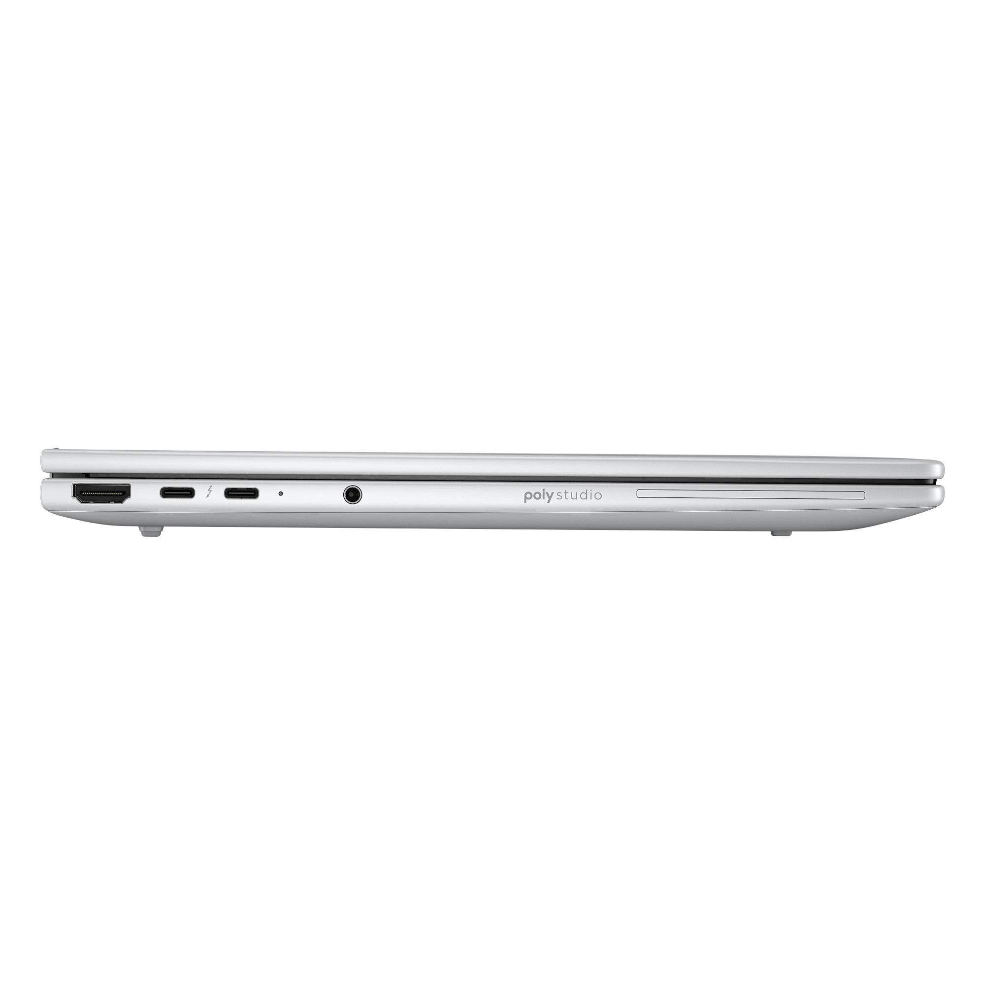 Silberner Laptop-Seitenansicht auf Weiß. Anschlüsse sichtbar: HDMI, USB-C, Thunderbolt, Audioanschluss. Poly Studio Marke.
