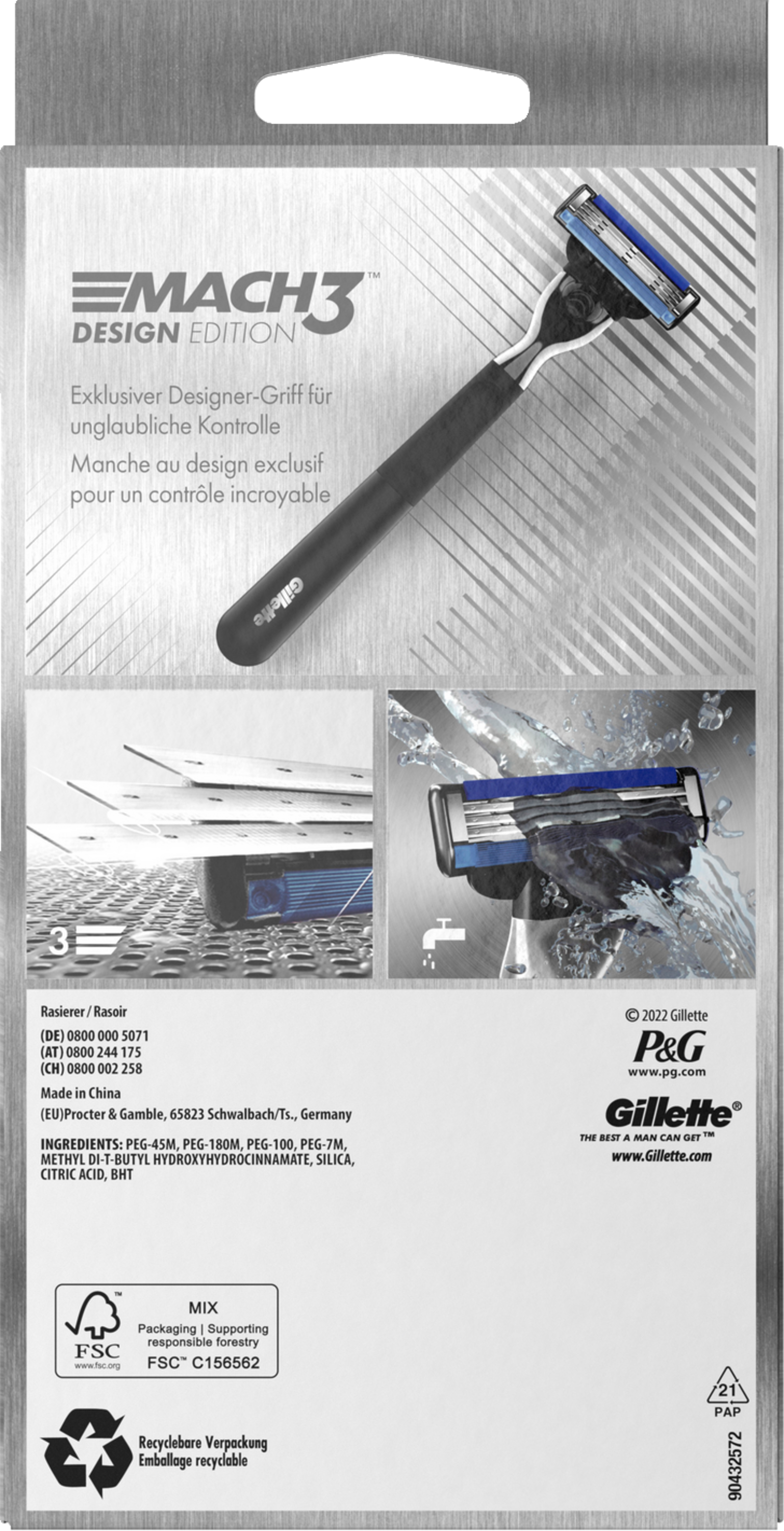 Gillette Mach3 Rasiererpackung. Der Rasierer ist schwarz und blau, mit silbernem Hintergrund. Produktdetails und Logos sind sichtbar.