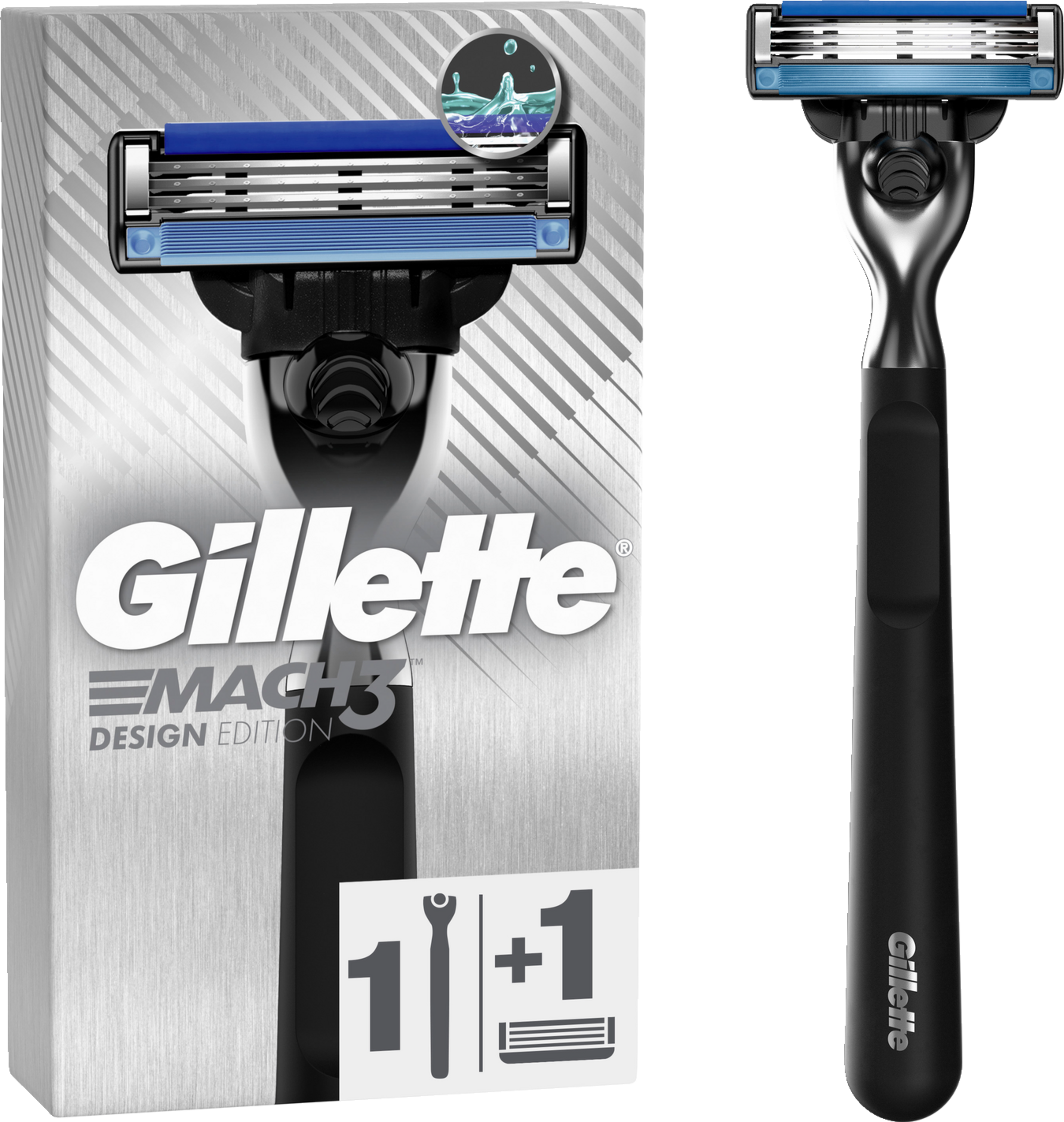 Gillette Mach3 Rasierer und Verpackung. Der Rasierer ist schwarz und silber. Die Verpackung ist silber mit blauen Akzenten.